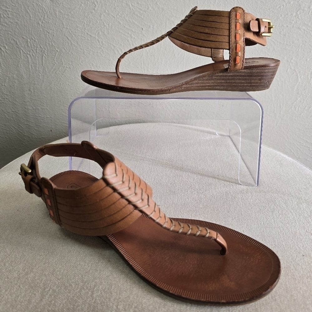 Coach T-Strap Sandals Brown India Vegan Leather Wedge Ankle Ginger